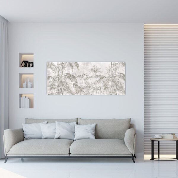 Slika - Tropske rastline na steni v sivi barvi (120x50 cm)