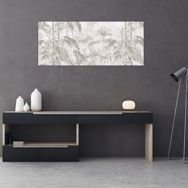 Slika - Tropske rastline na steni v sivi barvi (120x50 cm)