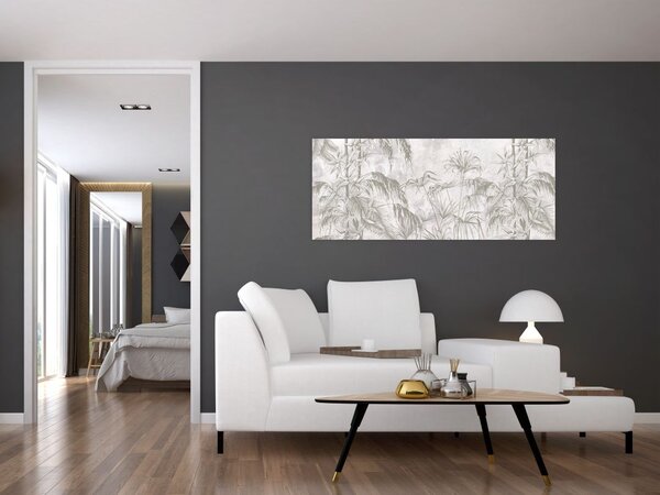 Slika - Tropske rastline na steni v sivi barvi (120x50 cm)