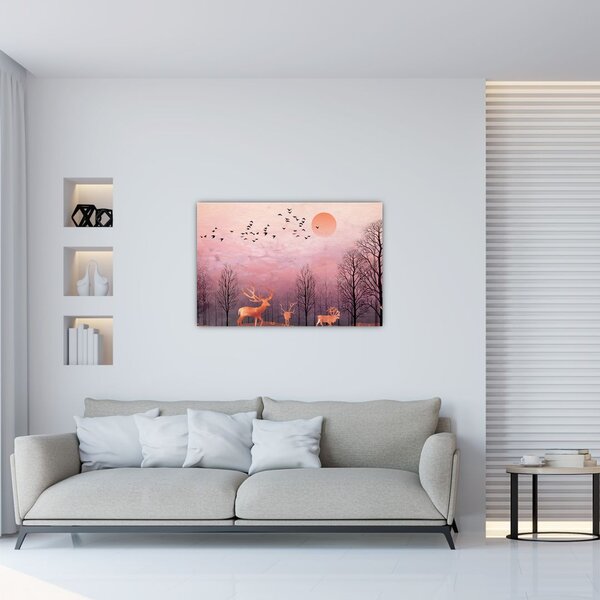 Slika - Jelen v soju zahajajočega sonca (90x60 cm)