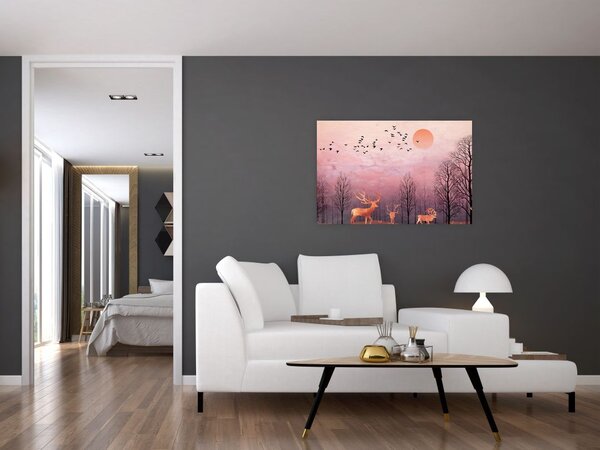 Slika - Jelen v soju zahajajočega sonca (90x60 cm)
