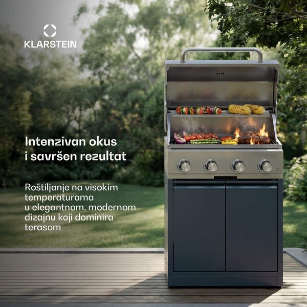 Klarstein WaldChef plinski roštilj | 4 plamenika | 30 mbar | 12800 W | Rešetka od lijevanog željeza | Nehrđajući čelik
