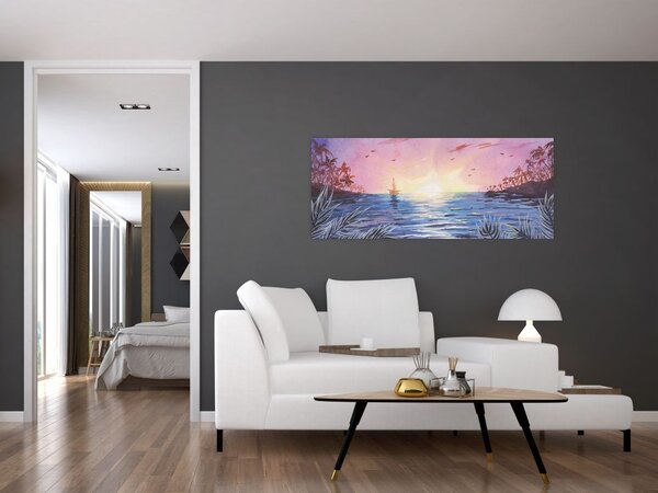 Slika - Sončni zahod nad vodo, akvarel (120x50 cm)
