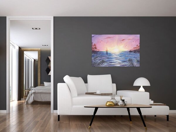Slika - Sončni zahod nad vodo, akvarel (90x60 cm)