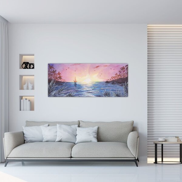 Slika - Sončni zahod nad vodo, akvarel (120x50 cm)