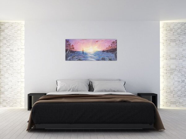 Slika - Sončni zahod nad vodo, akvarel (120x50 cm)