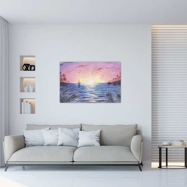 Slika - Sončni zahod nad vodo, akvarel (90x60 cm)