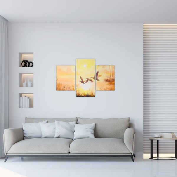 Slika - Žerjavi ob sončnem zahodu (90x60 cm)