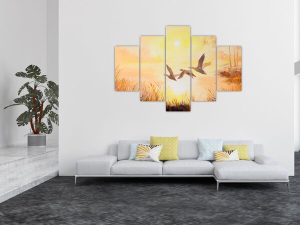 Slika - Žerjavi ob sončnem zahodu (150x105 cm)