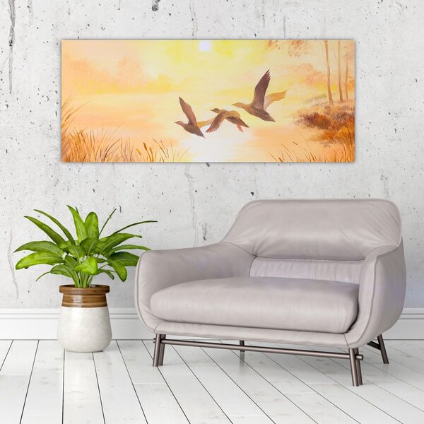Slika - Žerjavi ob sončnem zahodu (120x50 cm)