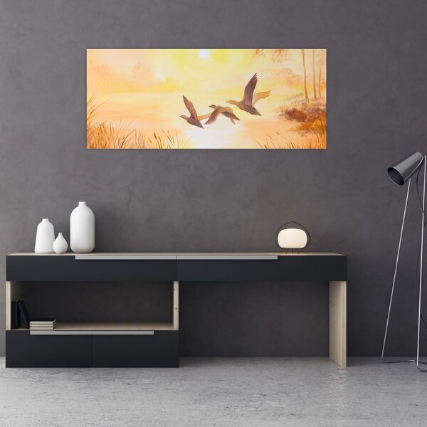 Slika - Žerjavi ob sončnem zahodu (120x50 cm)