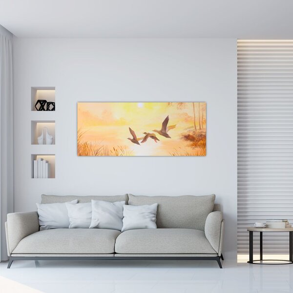 Slika - Žerjavi ob sončnem zahodu (120x50 cm)