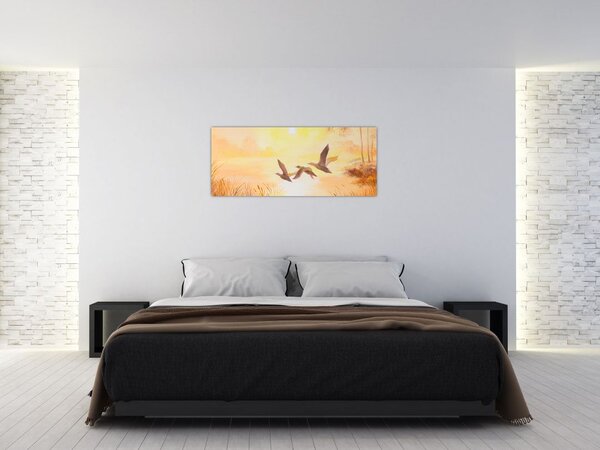Slika - Žerjavi ob sončnem zahodu (120x50 cm)
