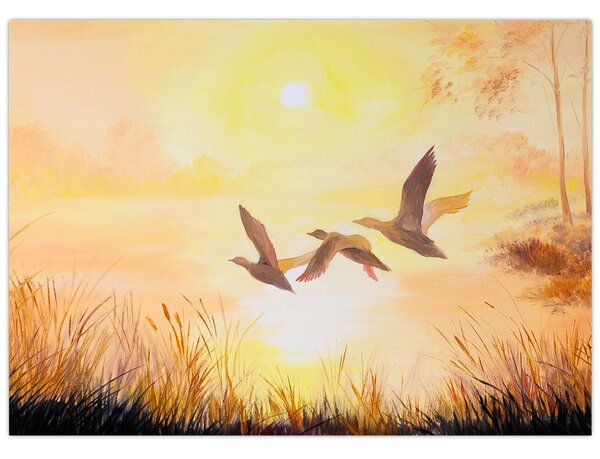 Slika - Žerjavi ob sončnem zahodu (70x50 cm)