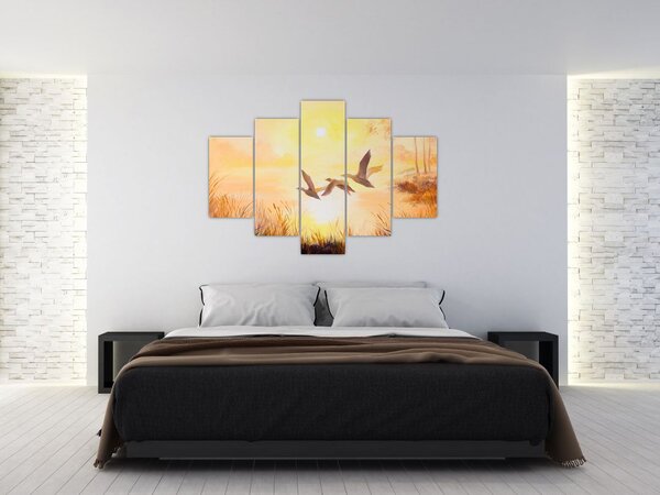 Slika - Žerjavi ob sončnem zahodu (150x105 cm)