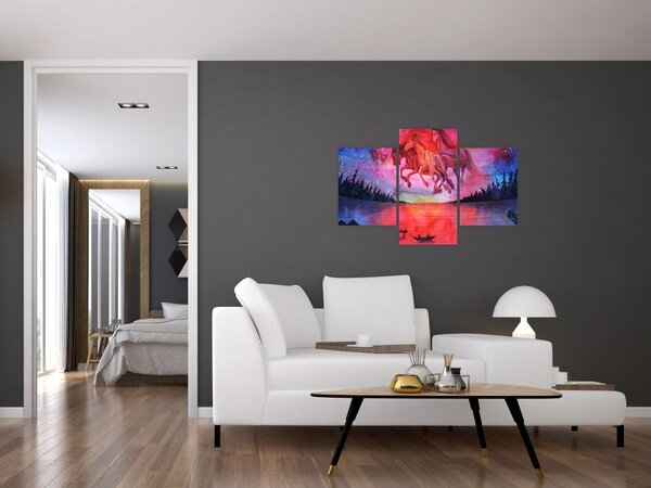 Slika - Prikaz vesoljskih konjev nad jezerom, akvarel (90x60 cm)