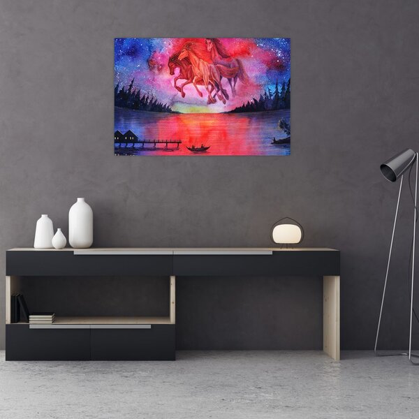 Slika - Prikaz vesoljskih konjev nad jezerom, akvarel (90x60 cm)