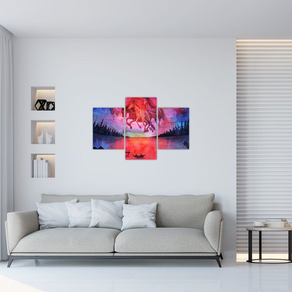 Slika - Prikaz vesoljskih konjev nad jezerom, akvarel (90x60 cm)