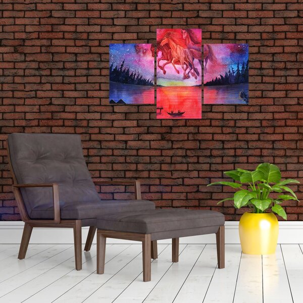 Slika - Prikaz vesoljskih konjev nad jezerom, akvarel (90x60 cm)