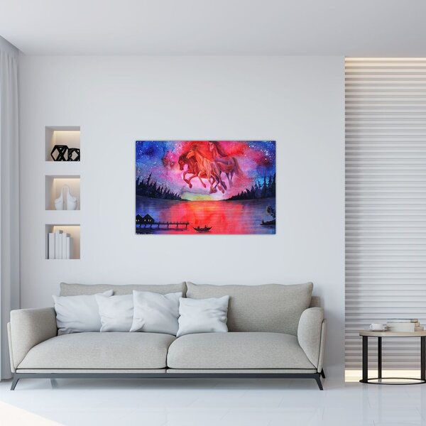 Slika - Prikaz vesoljskih konjev nad jezerom, akvarel (90x60 cm)