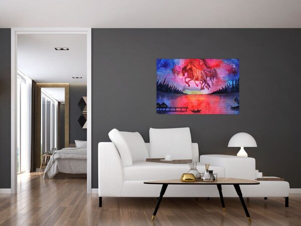 Slika - Prikaz vesoljskih konjev nad jezerom, akvarel (90x60 cm)