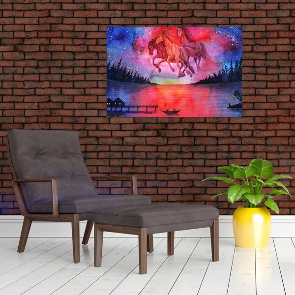 Slika - Prikaz vesoljskih konjev nad jezerom, akvarel (90x60 cm)