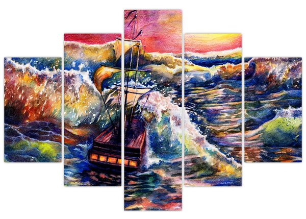 Slika - Ladja na oceanskih valovih, akvarel (150x105 cm)