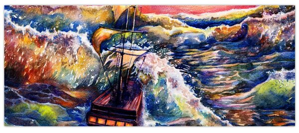 Slika - Ladja na oceanskih valovih, akvarel (120x50 cm)