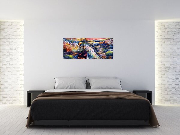 Slika - Ladja na oceanskih valovih, akvarel (120x50 cm)