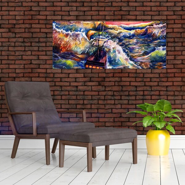 Slika - Ladja na oceanskih valovih, akvarel (120x50 cm)