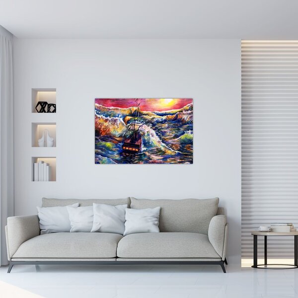 Slika - Ladja na oceanskih valovih, akvarel (90x60 cm)