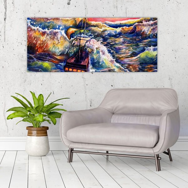 Slika - Ladja na oceanskih valovih, akvarel (120x50 cm)