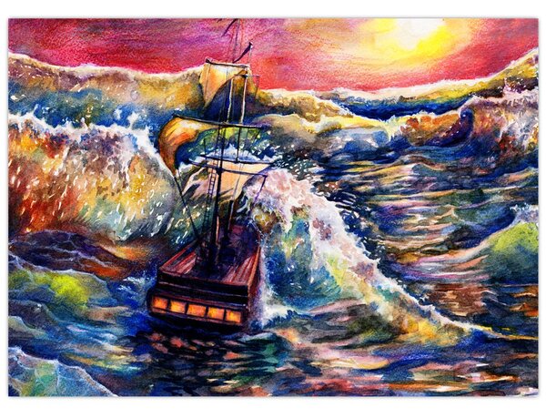 Slika - Ladja na oceanskih valovih, akvarel (70x50 cm)