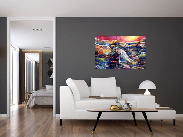 Slika - Ladja na oceanskih valovih, akvarel (90x60 cm)