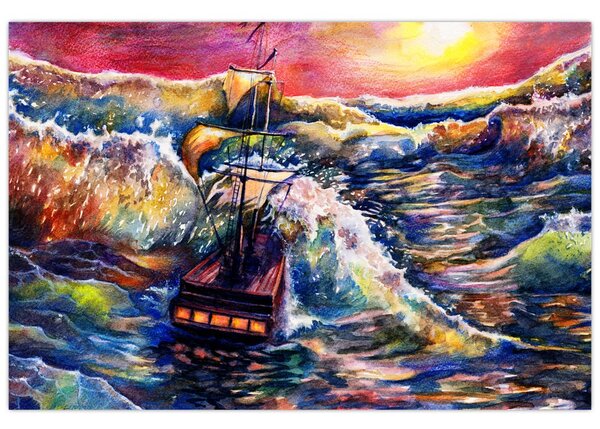 Slika - Ladja na oceanskih valovih, akvarel (90x60 cm)