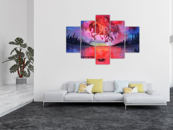 Slika - Prikaz vesoljskih konjev nad jezerom, akvarel (150x105 cm)