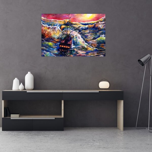 Slika - Ladja na oceanskih valovih, akvarel (90x60 cm)