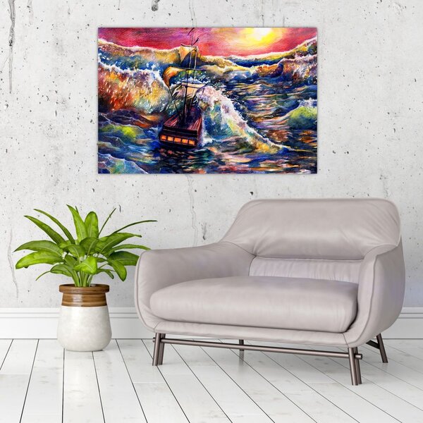 Slika - Ladja na oceanskih valovih, akvarel (90x60 cm)