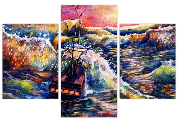 Slika - Ladja na oceanskih valovih, akvarel (90x60 cm)