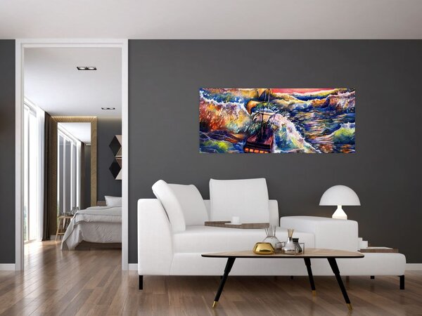 Slika - Ladja na oceanskih valovih, akvarel (120x50 cm)
