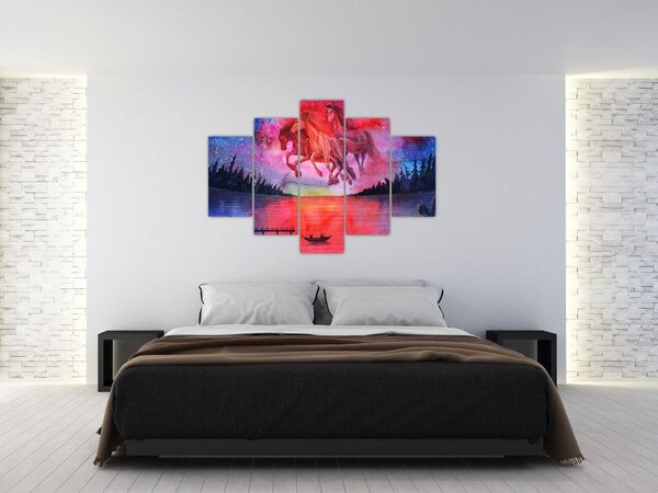 Slika - Prikaz vesoljskih konjev nad jezerom, akvarel (150x105 cm)