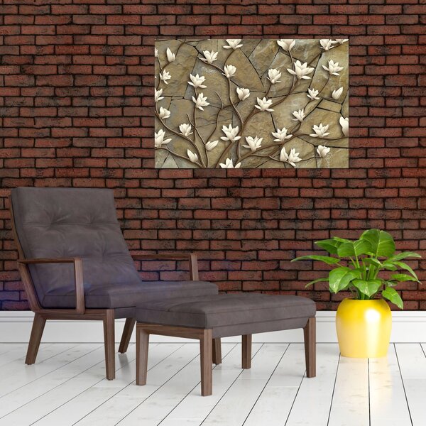 Slika - Bele magnolije na kamnitem zidu (90x60 cm)