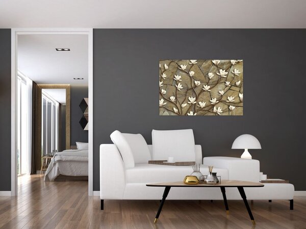 Slika - Bele magnolije na kamnitem zidu (90x60 cm)