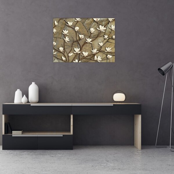 Slika - Bele magnolije na kamnitem zidu (70x50 cm)