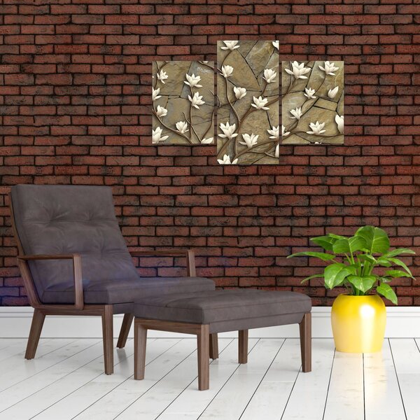 Slika - Bele magnolije na kamnitem zidu (90x60 cm)