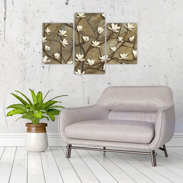 Slika - Bele magnolije na kamnitem zidu (90x60 cm)