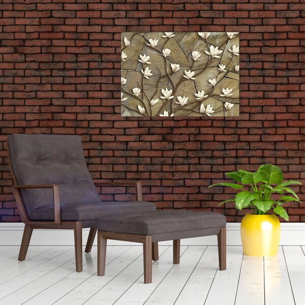 Slika - Bele magnolije na kamnitem zidu (70x50 cm)