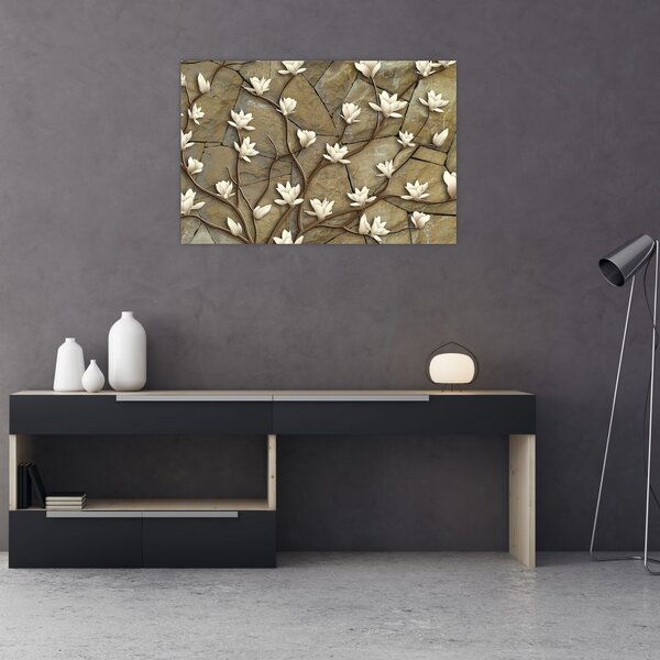 Slika - Bele magnolije na kamnitem zidu (90x60 cm)