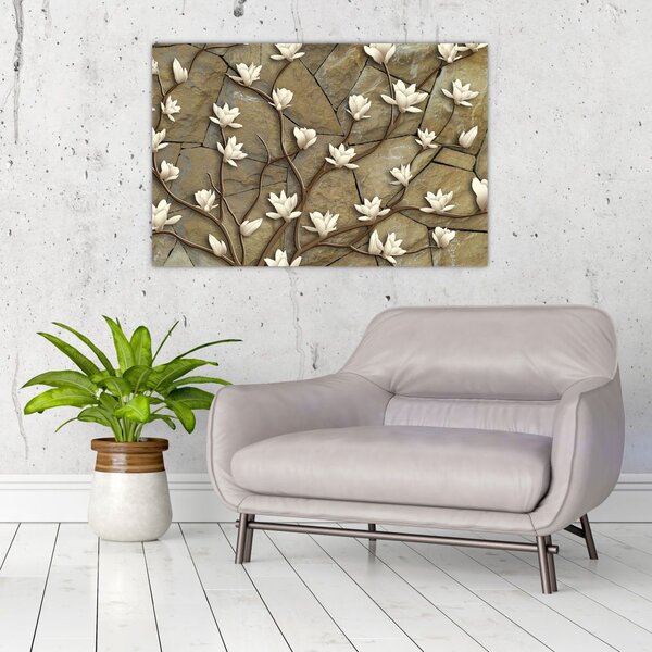 Slika - Bele magnolije na kamnitem zidu (90x60 cm)