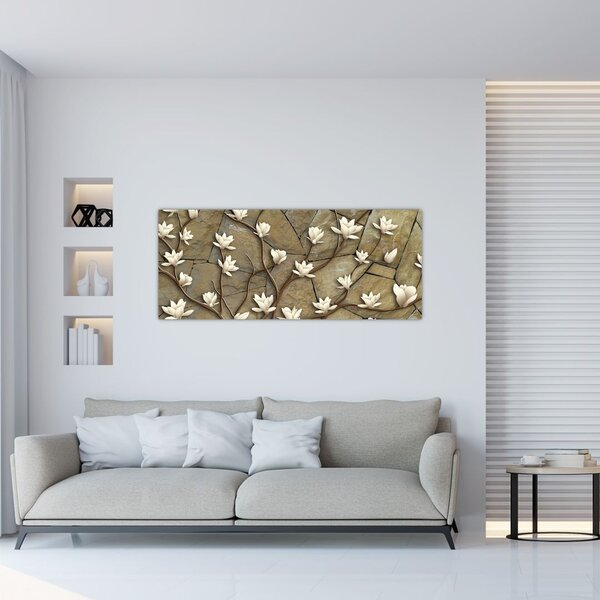 Slika - Bele magnolije na kamnitem zidu (120x50 cm)